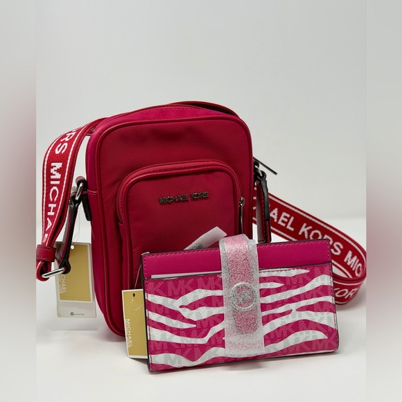 Michael Kors Handbags - Michael Kors NWT Raspberry Nylon Crossbody and Greenwich Pink Zebra Wallet Set